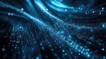 Poster - A close-up of a glowing digital DNA helix on a sleek blue and black background, showcasing a high-tech representation of genetic information in a digital world