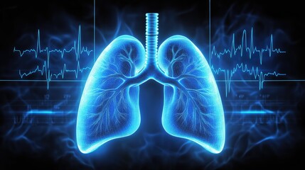 Poster - A close-up of lungs health care diagnostics with vital signs, heart rate, and medical data visualized on a screen, representing modern healthcare for respiratory health