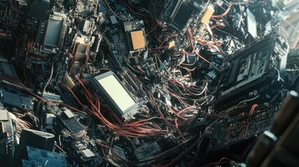 Poster - A close-up of tangled wires, circuit boards, and discarded technology piled in a chaotic jumble, symbolizing the growing e-waste problem