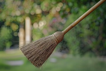 A close-up of a traditional broom in a green garden on a sunny day