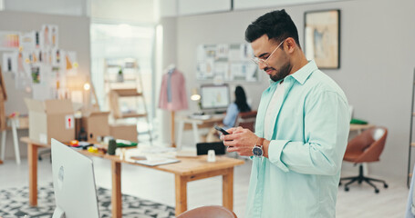 Poster - Man, phone and thinking for small business, ecommerce and fashion boutique startup for online sales. Designer, technology and digital website for internet store, retail service and quality control