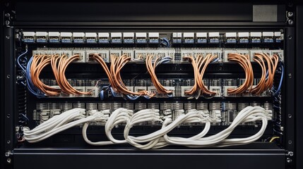 Poster - A detailed view of network cables connected to computer switches in a server rack, illustrating the complexity of modern networking systems