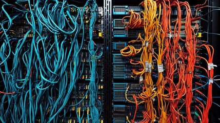 Poster - A detailed view of network cables connected to computer switches in a server rack, illustrating the complexity of modern networking systems