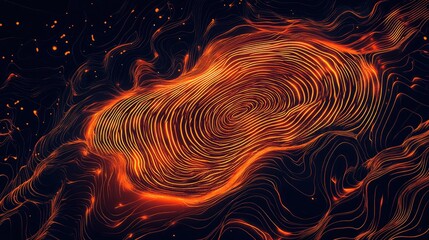Poster - A digital fingerprint in vibrant orange, representing security and technology, with intricate details and glowing lines in a futuristic style