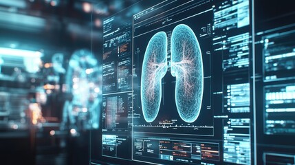 Aufkleber - A digital representation of lungs health care, with vital biometrics and diagnostic data displayed on a screen, illustrating cutting-edge respiratory medicine