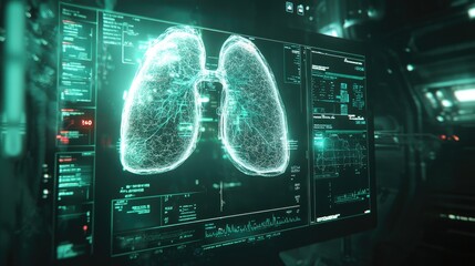 Aufkleber - A digital representation of lungs health care, with vital biometrics and diagnostic data displayed on a screen, illustrating cutting-edge respiratory medicine