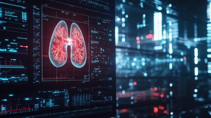 Aufkleber - A digital representation of lungs health care, with vital biometrics and diagnostic data displayed on a screen, illustrating cutting-edge respiratory medicine