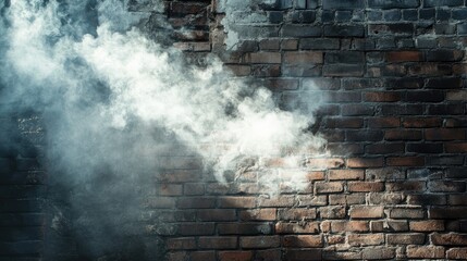 Poster - A dramatic shot of smoke swirling in front of a weathered, distressed brick wall, adding texture and depth to the urban scene