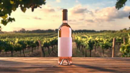 Poster - A front view of a wine bottle mockup on a wooden surface, showcasing the label against a charming vineyard background, perfect for marketing or branding