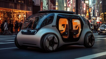 Leinwandbilder - A futuristic autonomous car navigating busy city streets, equipped with advanced sensors and cameras, showcasing smart technology in urban traffic