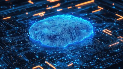 Poster - A futuristic blue digital technology core structure, glowing with intricate patterns and neon-like lines, representing advanced computing and artificial intelligence