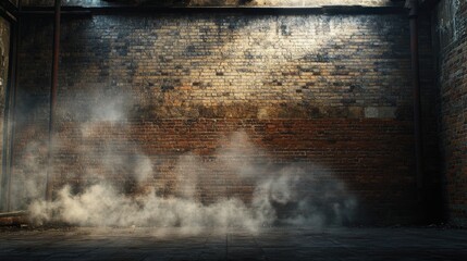 Poster - A grungy, smoky atmosphere in front of a distressed brick wall, conveying a sense of industrial decay and urban edge with dramatic lighting