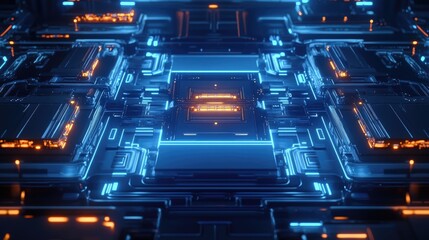 Poster - A high-tech blue digital core structure, radiating with neon lights and connected nodes, visualizing the backbone of advanced digital technologies
