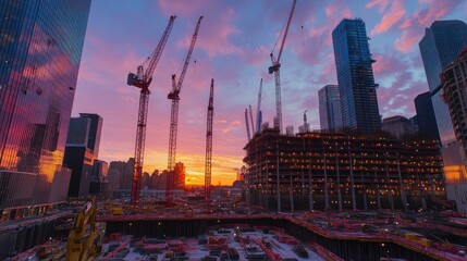 Poster - A large construction site with workers, cranes, and buildings under construction, framed by a beautiful sunset sky and blue skies