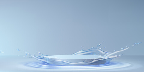 Poster - Cylinder podium standing on water surface with swirl splash and drops around blue platform. Pastel 3d scene with stage and liquid for summer or beauty cosmetic product display and promotion.