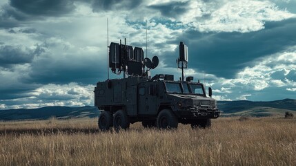 Aufkleber - A mobile command unit with a secure communication antenna array, stationed in the field, coordinating operations with advanced technology and personnel