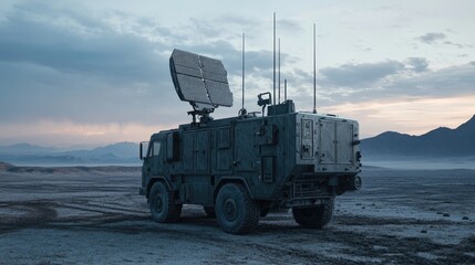 Aufkleber - A mobile command unit with a secure communication antenna array, stationed in the field, coordinating operations with advanced technology and personnel
