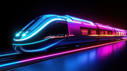 Poster - Futuristic train, motion blur, neon lights, technology, fast transportation, 8k Resolution