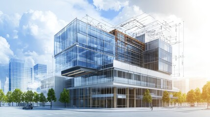 Aufkleber - A modern office building in progress, with blueprints, diagrams, and architectural plans layered over the construction site, showcasing a downtown project