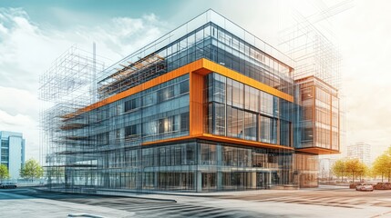 Aufkleber - A modern office building in progress, with blueprints, diagrams, and architectural plans layered over the construction site, showcasing a downtown project