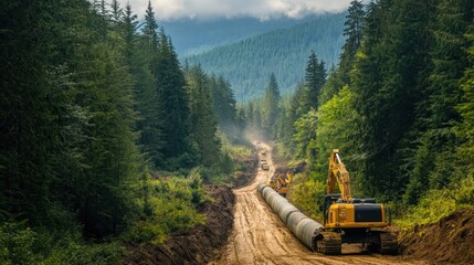 Poster - A newly installed pipeline running through a forested area, with forestry equipment clearing the pathway, showing the progress of construction in nature