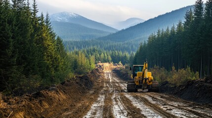 Poster - A newly installed pipeline running through a forested area, with forestry equipment clearing the pathway, showing the progress of construction in nature