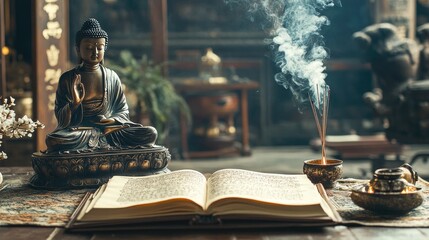 Poster - A peaceful setting with an open Tripitaka manuscript, incense smoke rising, and a Buddha statue, creating an atmosphere of quiet reverence and meditation