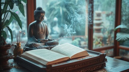Poster - A peaceful setting with an open Tripitaka manuscript, incense smoke rising, and a Buddha statue, creating an atmosphere of quiet reverence and meditation