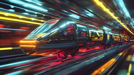 Poster - Futuristic train, motion blur, neon lights, technology, fast transportation, 8k Resolution