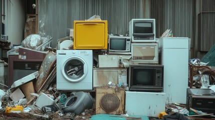 Poster - A pile of discarded household appliances, including washing machines and microwaves, mixed with urban trash and debris in a city environment