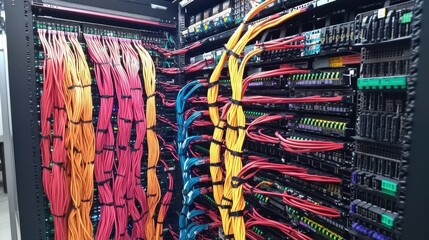 Poster - A rack of computer switches and neatly organized network cables in a data center, representing a high-tech IT environment