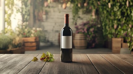 Poster - A refined wine bottle mockup displayed on a wooden table, with the label facing forward, surrounded by a rustic vineyard setting for an elegant presentation