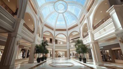 Aufkleber - A spacious luxury shopping mall interior with a dramatic glass dome ceiling, offering a clear view of the skylight and a premium shopping environment