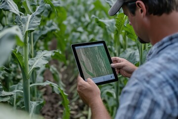 A farmer using a tablet to monitor crops, with a digital map showing crop health in real-time, highlighting areas that need attention.