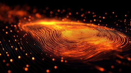 Poster - A striking orange digital fingerprint design, illustrating digital identity and secure technology with glowing, interconnected lines and vibrant colors