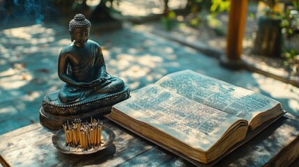 Poster - A tranquil display of an open Tripitaka manuscript with ancient Pali text, paired with a Buddha statue and incense, embodying spiritual serenity and reflection