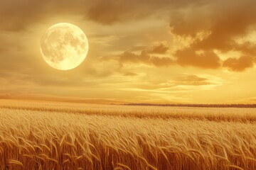 Wall Mural - A full moon rising over fields ready for harvest, casting a golden glow.