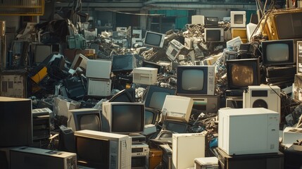 Poster - A vast pile of old electronic appliances in a recycling center, showing various household items like washing machines, fridges, and TVs