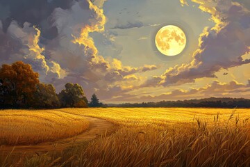 Wall Mural - A full moon rising over fields ready for harvest, casting a golden glow.