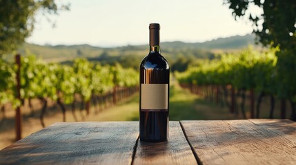 Poster - A wine bottle mockup with a customized label, placed on a wooden table in a rustic vineyard environment, creating a sophisticated and welcoming look