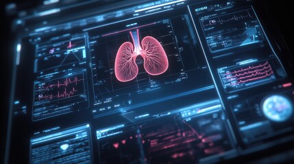 Poster - An advanced medical interface displaying lung health data and vitals, with a digital representation of the lungs for respiratory diagnosis and care