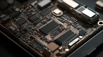 Poster - Close-up view of mobile phone CPU and chip, with intricate circuitry exposed for repair or technology-related themes
