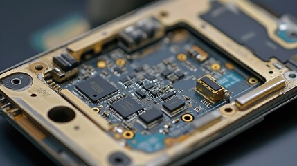 Poster - Close-up view of mobile phone CPU and chip, with intricate circuitry exposed for repair or technology-related themes