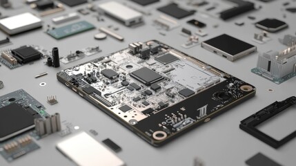Poster - Detailed 3D render of a disassembled mobile phone's electronic chip and CPU, highlighting the internal technology and components