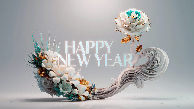 3D Happy New Year 2025 Celebration White and Golden Roses on Landscape Background – Festive and Vibrant Design for Greeting Cards, Social Media, Ads, Blogs, Event Invitations, E-commerce, Branding