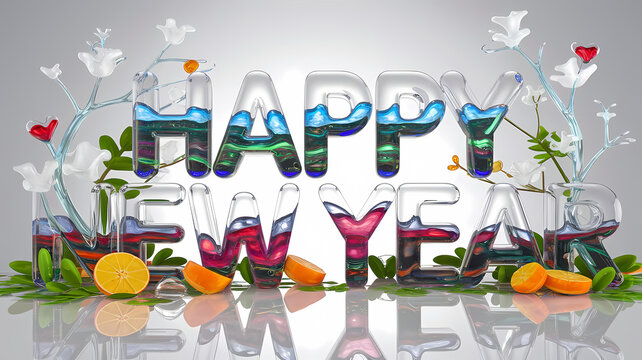 Happy New Year Text Glass Shade filled with Colorful Water and Orange on a White Landscape Background for Greeting Cards, Social Media, Ads, Blogs, Event Invitations, E-commerce, Branding