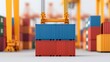 © kwangze - A colorful stack of shipping containers being lifted by a crane in a bustling port environment.