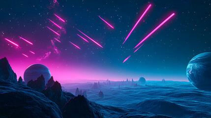 Wall Mural - Futuristic cosmic scene with neon pink meteors streaking across a starry sky, distant planets, and a glowing alien terrain in vivid blue hues. 