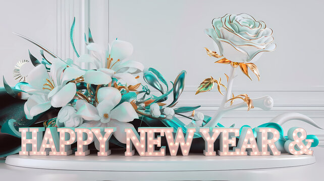 3D Happy New Year 2025 Celebration White and Golden Roses on Landscape Background – Festive and Vibrant Design for Greeting Cards, Social Media, Ads, Blogs, Event Invitations, E-commerce, Branding