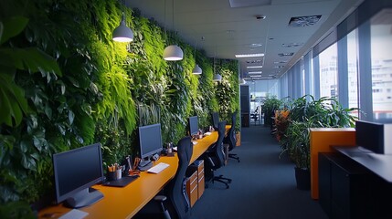 Poster - Modern office interior with green wall, desks, and computers.